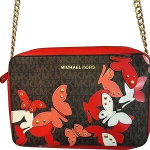 Michael Kors Med Red Leather Jet Set Crossbody Bag Butterfly Embellished Purse
